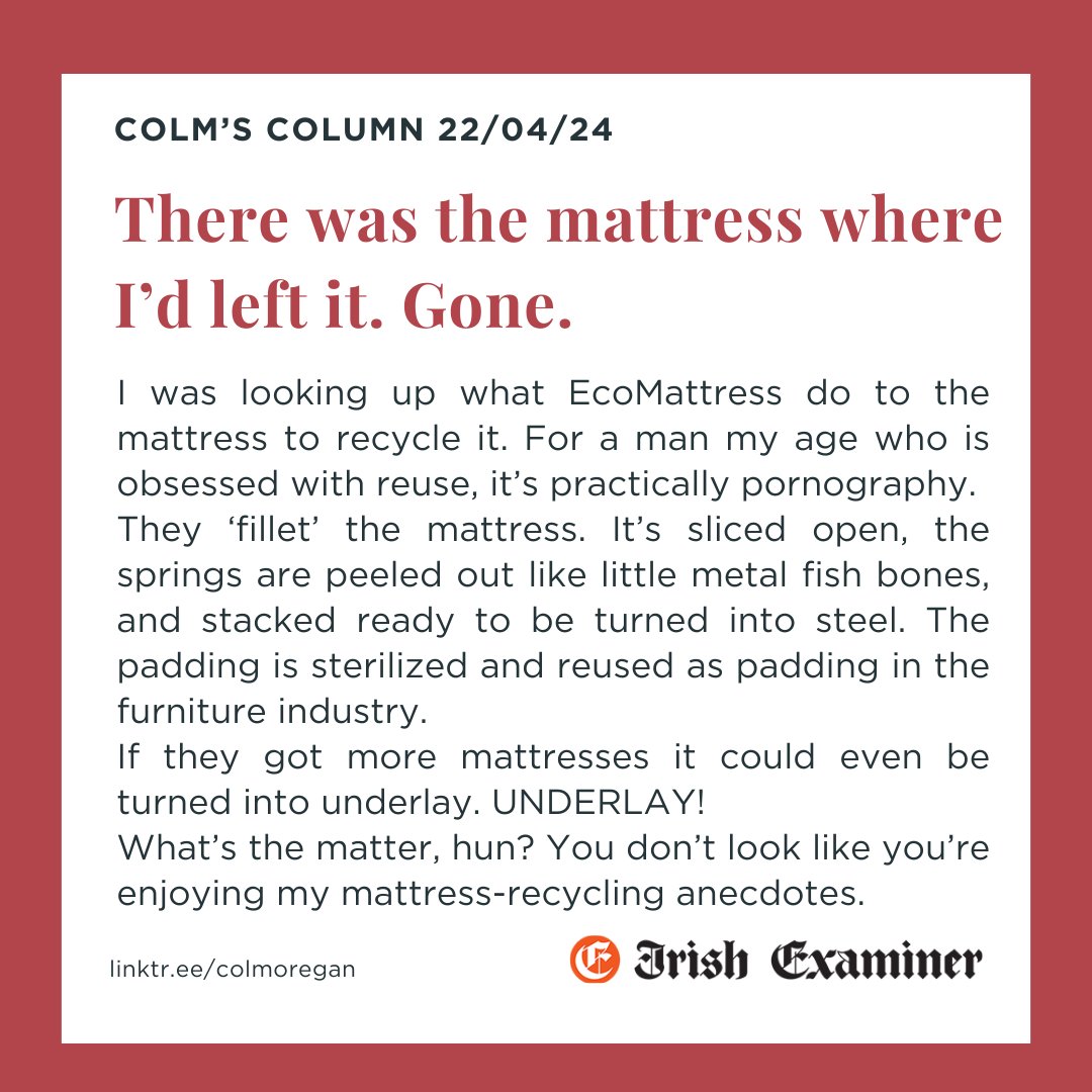 This week in the @irishexaminer, like most people, I'm excited about mattress recycling. irishexaminer.com/lifestyle-colu…