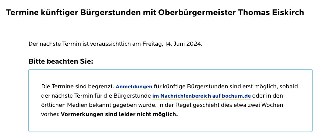 Sehr geehrter Herr OB @thomas_eiskirch, als Vater von drei Kindern und Neubürger von Bochum würde ich gerne über die Nachmittagsbetreuung an Grundschulen sprechen. In zwei Monaten ist Ihre nächste Sprechstunde - können wir nicht etwas früher ins Gespräch kommen?