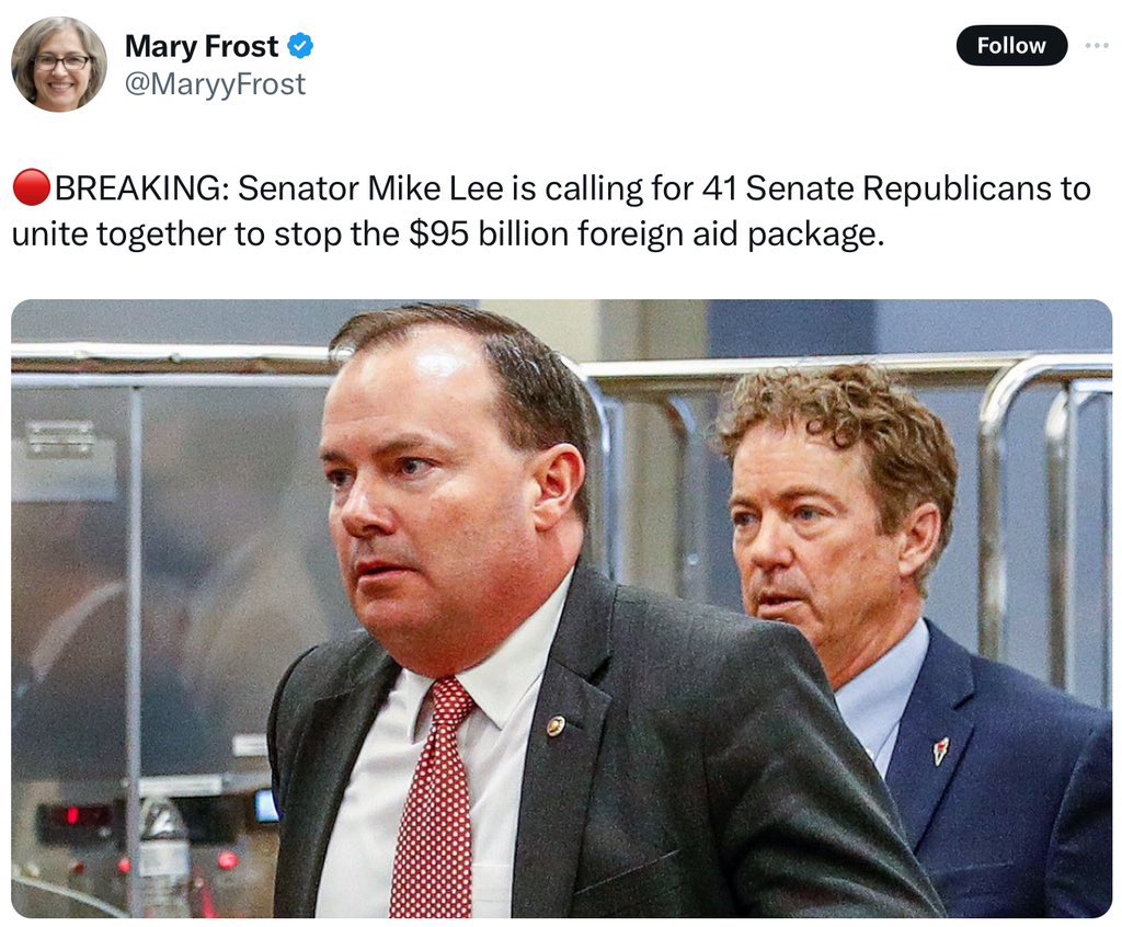 DamonMast's tweet image. While we are praising Mike Johnson for doing the bare minimum expected, Senator Mike Lee (Russian, Utah) is plotting to destroy the Ukraine funding deal. Republicans deserve no credit.
#MikeLee #MorningJoe