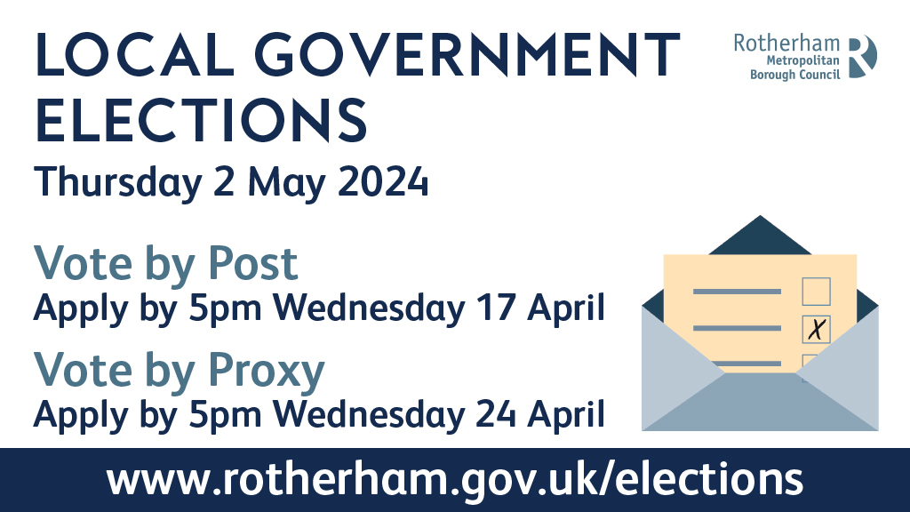 If you wish to nominate somebody to vote on your behalf at these elections, this is known as a proxy vote. The deadline to apply for a proxy vote is 5pm tomorrow, Wednesday 24 April. Full details can be found on our website at➡ rotherham.gov.uk/elections