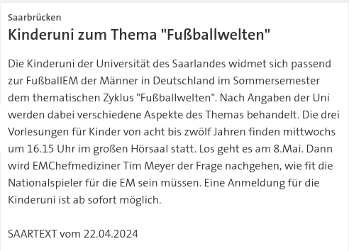 #SKK20240422 #SAARTEXT #Kinderuni #Saarland #Saarbrücken #Männer #Europameisterschaft #EM2024 #Fuszball #Kinder #Deutschland