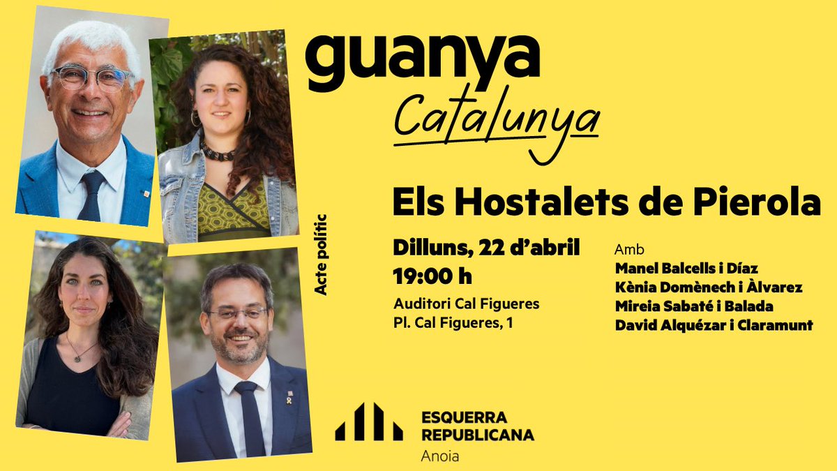 🏥Avui parlem de Salut i país als #HostaletsdePierola amb el conseller de <a href="/salutcat/">Salut</a>, <a href="/manelbalcells/">Manel Balcells</a>, acompanyat per; <a href="/keniadomenech/">La Fera Ferotge 🎗</a>, i els candidats al parlament <a href="/mireSabate/">Mireia Sabaté</a> i <a href="/David_Alquezar/">David Alquézar</a> 
#GuanyaCatalunya #Anoia