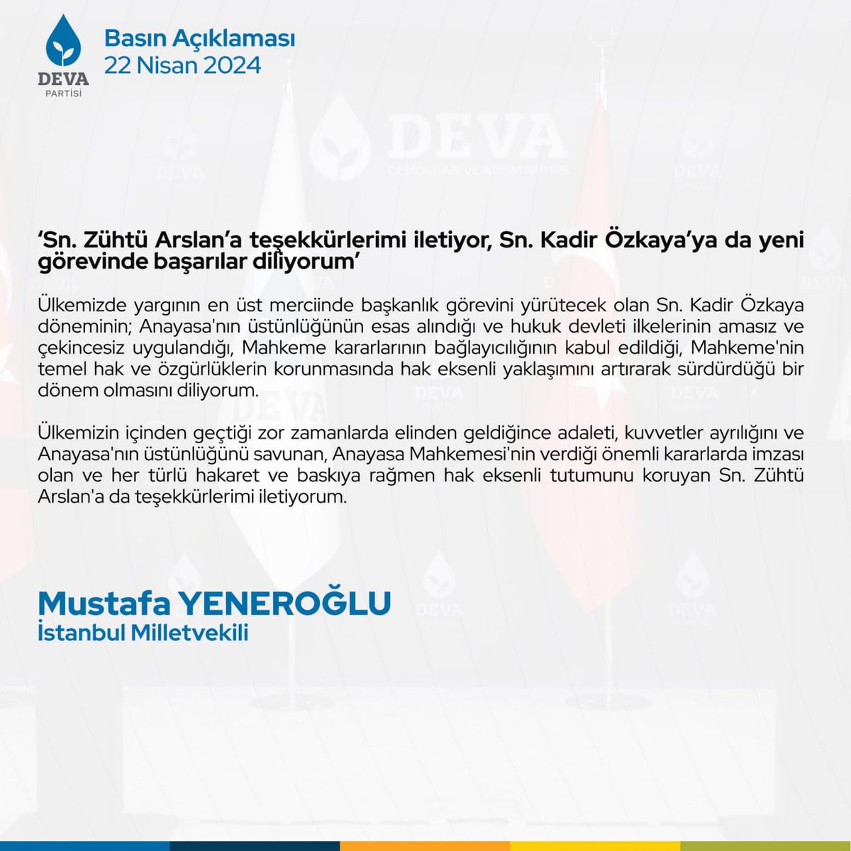 'Anayasa Mahkemesi’nin görevini layıkıyla yerine getirebilmesi için iktidarın Mahkeme üzerindeki baskısının son bulması şarttır.' İstanbul Milletvekilimiz @myeneroglu, Anayasa Mahkemesi’nin kuruluşunun 62. yıl dönümünü kutladı.