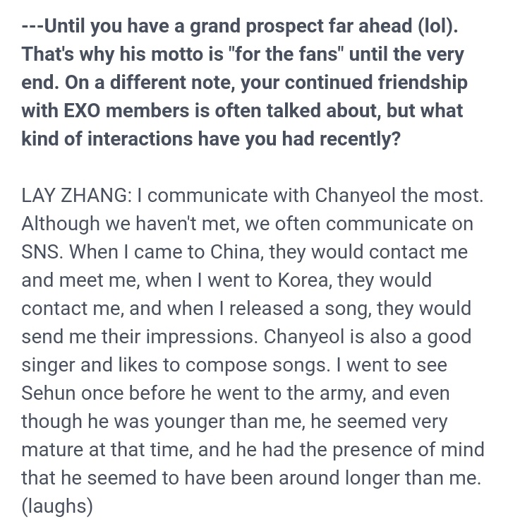 In a recent interview with Yixing, he mentioned how he stays in touch with his fellow members, adding that Chanyeol is the one he communicates with the most. He also mentioned meeting Sehun once before he enlisted in the military last year my precious EXO boys 🥺🫂