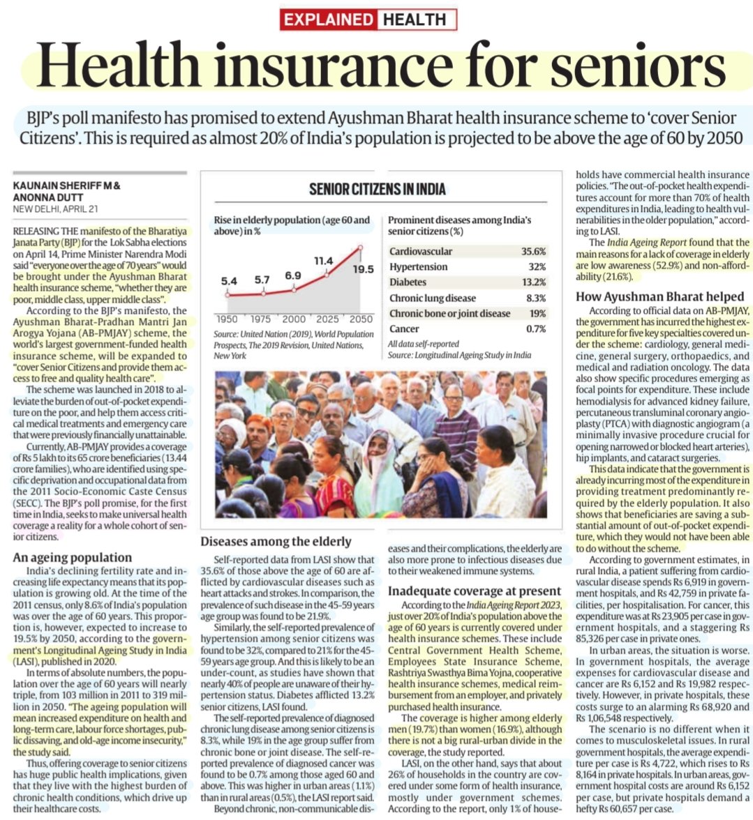 'Health Insurance for Seniors'

:Details by Mr Kaunain Sheriff M & Ms Anonna Dutt
@kaunain_s @AnonnaDutt 

#BJP poll manisfesto, #AyushmanBharat #PMJAY ,1st- giving #insurance universal #Health coverage fr #SeniorCitizen
Ageing #Population,issues&
More info..

#SeniorCare

#UPSC