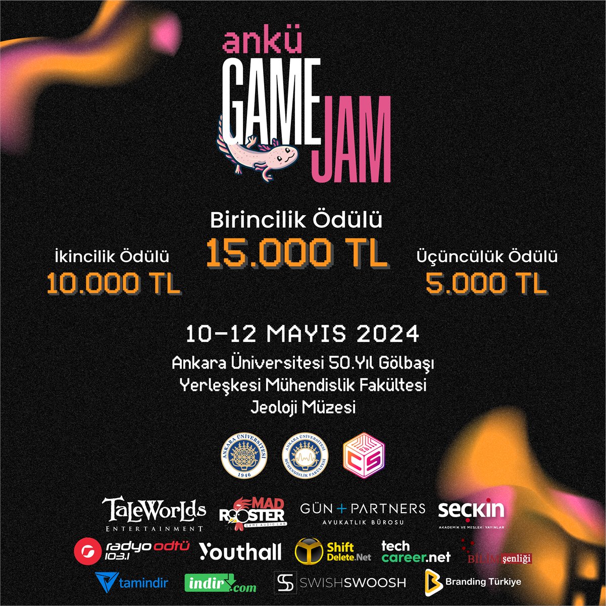 Ankara University Computer Society tarafından 10-11-12 Mayıs tarihleri arasında düzenlenecek olan ANKÜ Game Jam'e hazır mısın.
🥇 15.000₺
🥈 10.000₺
🥉 5.000₺
bilimsenligi.com/anku-game-jame…

#Game #gamedesign #gamejam #oyungeliştirme #oyuntasarımı #ankaraüniversitesi #ödüllügamejam