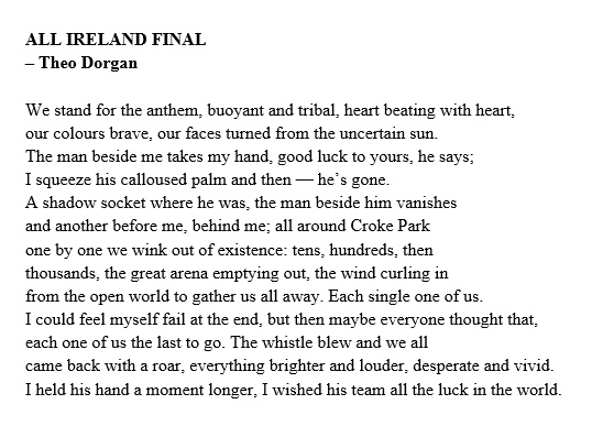 Happy Poetry Day Ireland 2024! Since this year's theme is 'Good Sports', we thought we'd share Theo Dorgan's 'All Ireland Final' about the excitement and trepidation in Croke Park! What's your favourite sports poem? @poetryireland