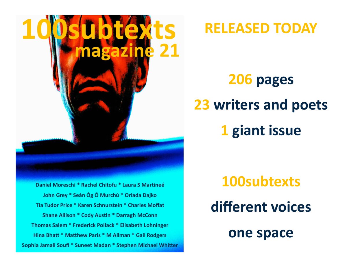 IT'S HERE:
Another big issue of over 200 pages and 23 writers and poets, packed with fiction, fact, poetry.
Go get yourself a copy of issue 21, instantly downloadable, planet-wide. Just follow the link: payhip.com/b/K0jeS
#literarymagazine #fiction #nonfiction #poetry