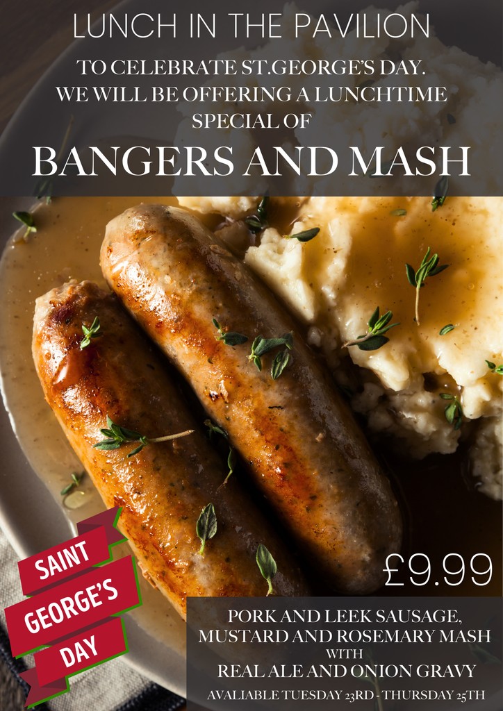 DLEVDerby's tweet photo. ST. GEORGE'S DAY SPECIAL. Celebrate with us, with a traditional British dish. Starting tomorrow, we will be offering BANGERS AND MASH as our special. This will be available from Tuesday - Thursday 

Come join us for lunch in The Pavilion

#DLEV #ThePavilion #StGeorgesDay https://t.co/aitLgXv1VR