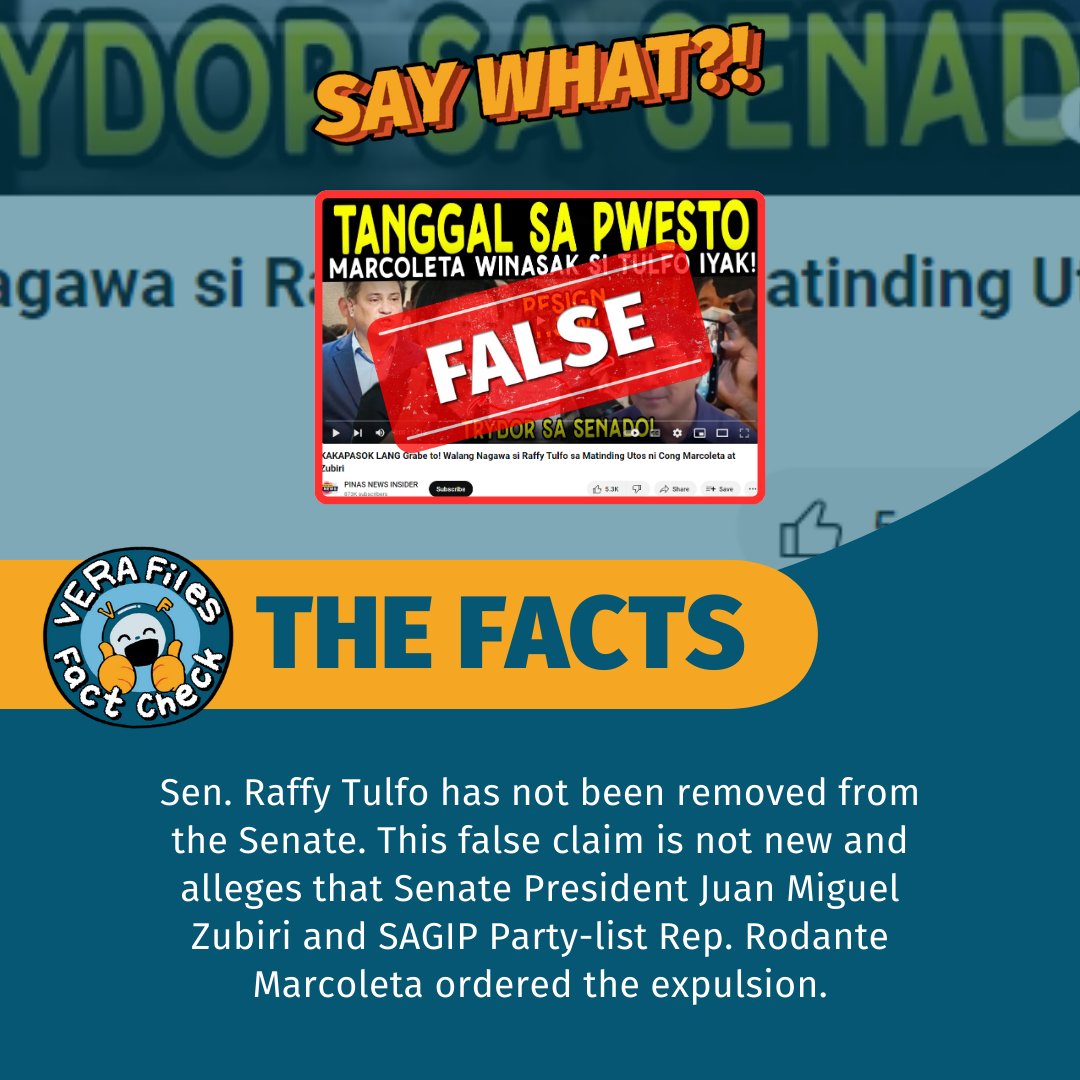 A video on YouTube revived the spurious claim that the lawmaker has been expelled from the Senate. The video is clickbait. Read our #VERAFilesFactCheck here: vera.ph/FalseTulfoOust…