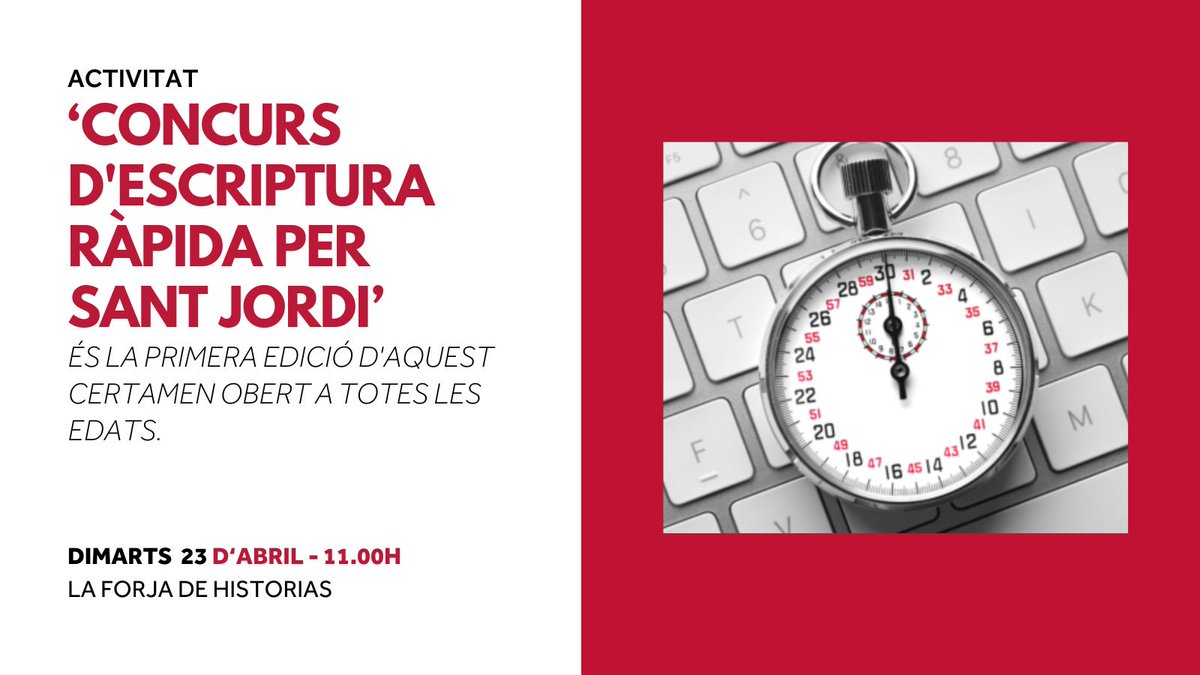 ✍🏼 Concurs d'Escriptura Ràpida per Sant Jordi a La Forja de Historias

La Forja de Historias celebra la diada de #SantJordi amb un concurs d'escriptura ràpida obert a totes les edats.  
Participa-hi 👇🏻

ℹ️ via.bcn/nnZY50RkShV

📅 23 d’abril 
⏰ 11.00h 
📍La Forja de Historias