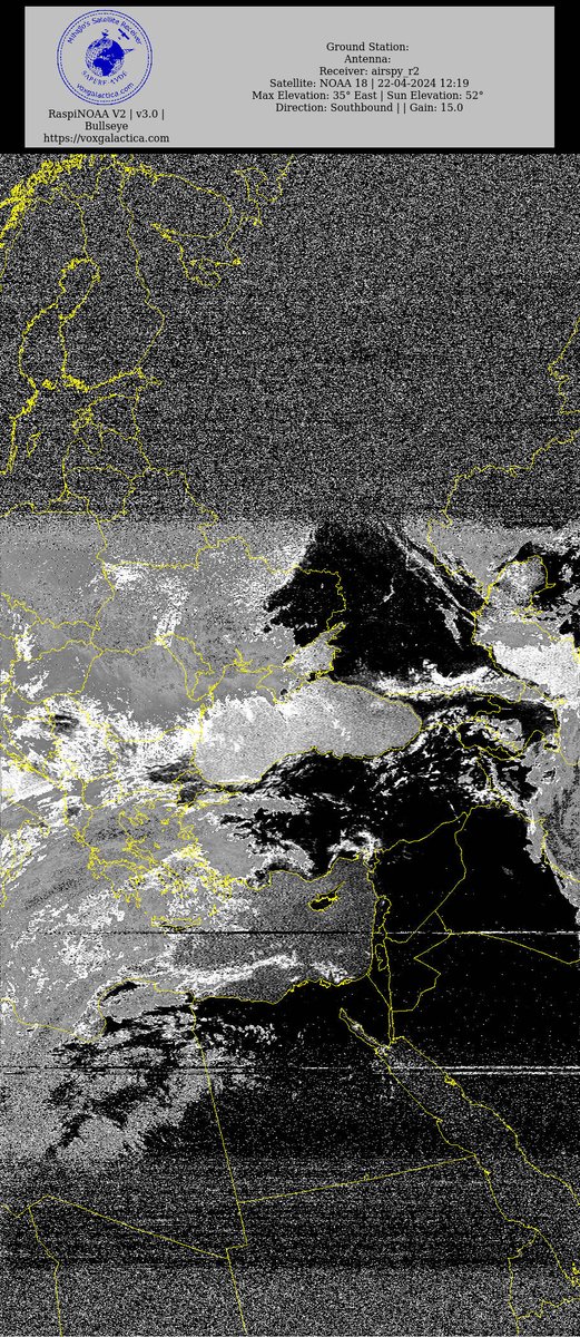 🇷🇸 NOAA 18 22-04-2024 10:50 CEST Max Elev: 35° E Sun Elevation: 52° Gain: 15.0 | Southbound #NOAA #NOAA15 #NOAA18 #NOAA19 #MeteorM2_3 #MeteorM2_4 #weather #weathersats #APT #LRPT #wxtoimg #MeteorDemod #rtlsdr #gpredict #raspberrypi #RN2 #ISS