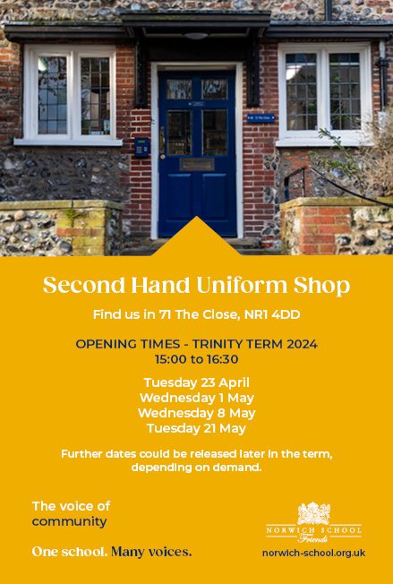 🏏👕 The Uniform shop is open tomorrow 23rd April from 3pm - 4:30pm. Cricket clothing & equipment in stock, plenty of House t-shirts, LS Summer dresses, sport shorts and mid-layer fleeces available! We look forward to welcoming you all! 👕🏏 @NorwichSchool @NorwichLowerSch