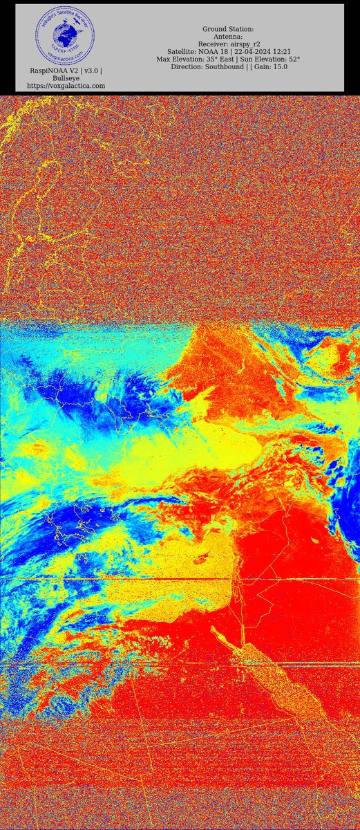 🇷🇸 NOAA 18 22-04-2024 10:50 CEST Max Elev: 35° E Sun Elevation: 52° Gain: 15.0 | Southbound #NOAA #NOAA15 #NOAA18 #NOAA19 #MeteorM2_3 #MeteorM2_4 #weather #weathersats #APT #LRPT #wxtoimg #MeteorDemod #rtlsdr #gpredict #raspberrypi #RN2 #ISS