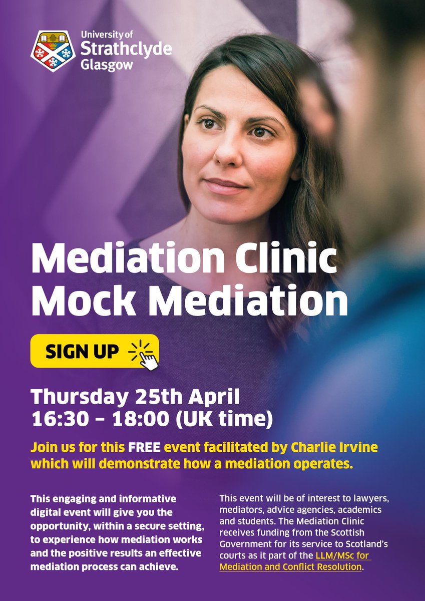 We will be hosting our FREE ONLINE Mock Mediation this Thursday (25th), 1630-1800 GMT. 

This event will be of interest to Court Staff, Mediators, Lawyers, Students and Advice Agencies. 

Please sign up here to receive Zoom details bit.ly/mediationclini…