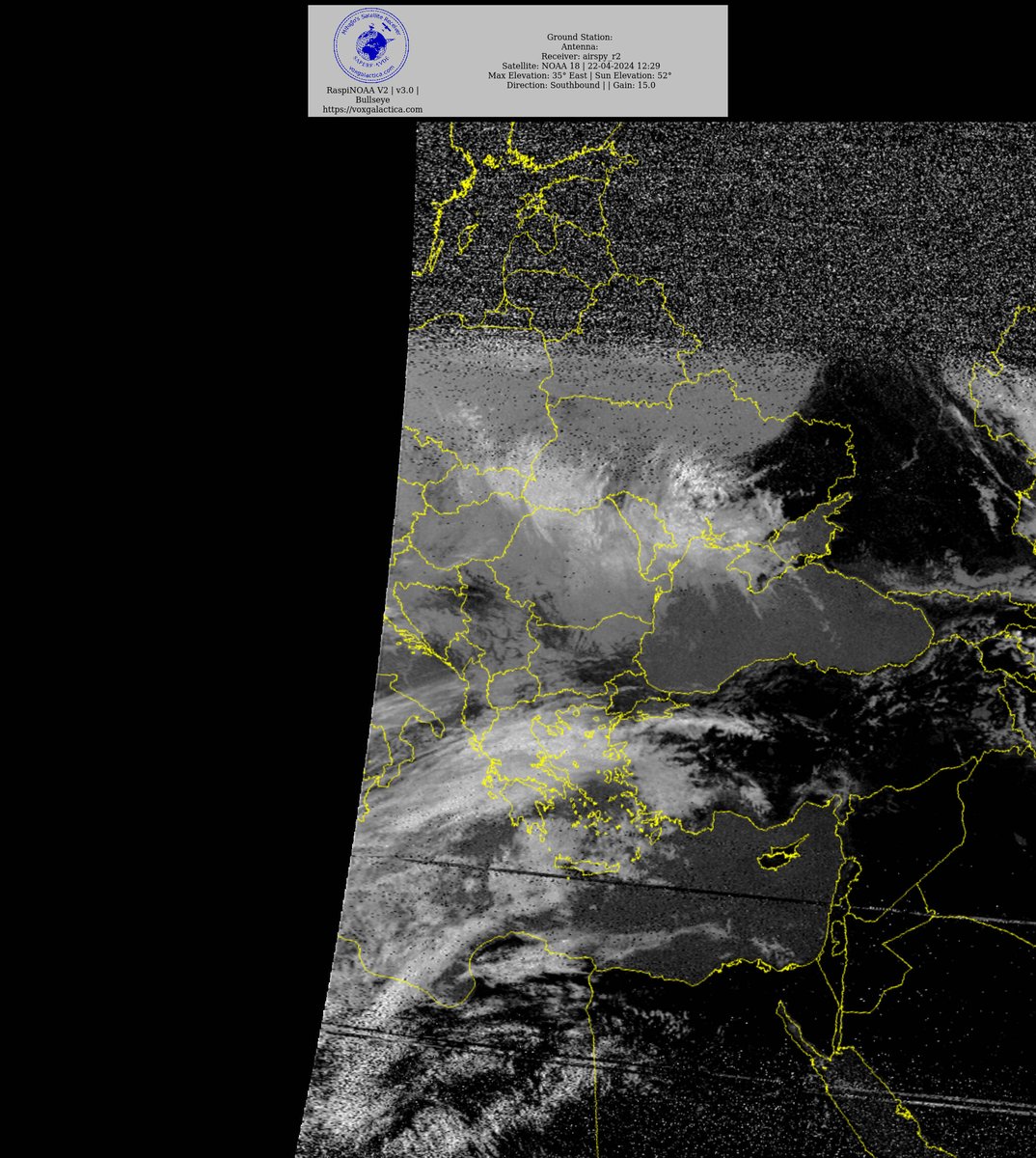 🇷🇸 NOAA 18 22-04-2024 10:50 CEST Max Elev: 35° E Sun Elevation: 52° Gain: 15.0 | Southbound #NOAA #NOAA15 #NOAA18 #NOAA19 #MeteorM2_3 #MeteorM2_4 #weather #weathersats #APT #LRPT #wxtoimg #MeteorDemod #rtlsdr #gpredict #raspberrypi #RN2 #ISS