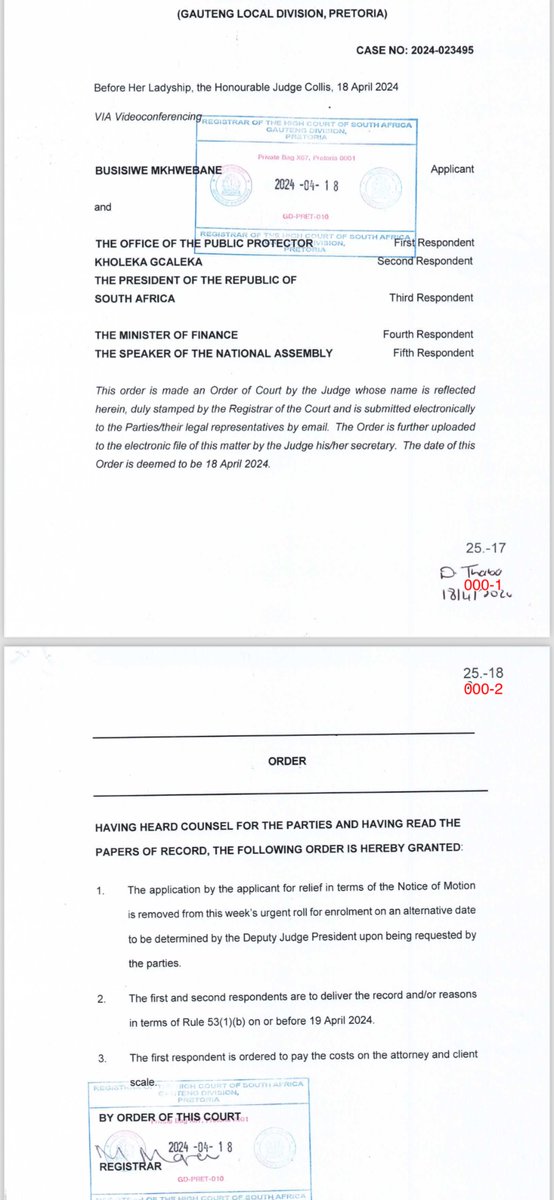 And here’s the court order that shows that Adv Kholeka Gcaleka was NOT ordered to pay impeached Public Prosecutor Busisiwe Mkhwebane’s urgent application costs in her personal capacity —->