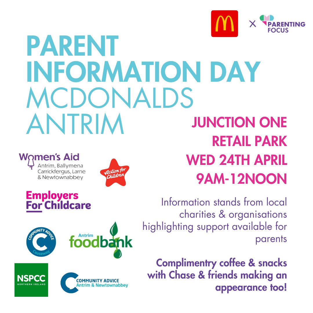 We are looking forward to attending @ParentingFocus_  Focus Parenting Information Day at McDonalds Antrim on 24th April.

We will be there sharing information about the support and advice available to parents and carers. 

#NIevent #parentingadvice #parentingevent #NSPCCParenting