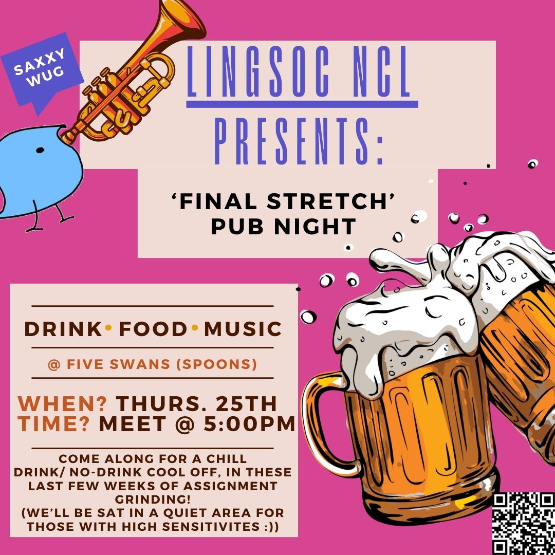 LingSocNCL's tweet photo. 🚨🚨NEW SOCIAL🚨🚨

Come along this Thursday for a bash at Spoons- get some food, have some pints (or not), and take a break from the assignment grind :))

Any Q's, just Dm us :)) https://t.co/G8vj9IWGcX