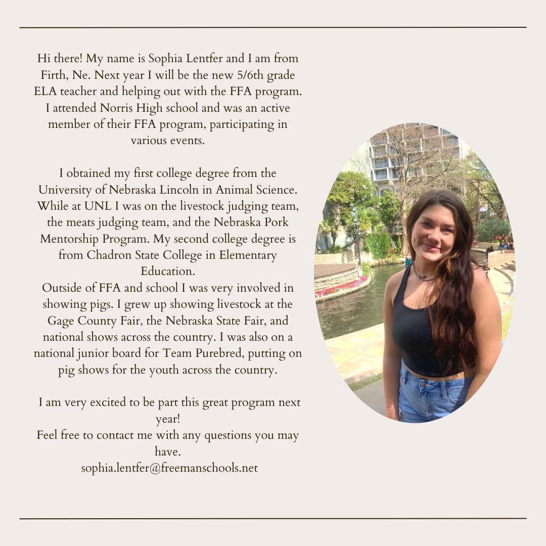 freemanffa's tweet image. We are excited to welcome Miss Sophia Lentfer to our FFA chapter, where she will serve as an Assistant Advisor next year!  Please feel free to visit with her and welcome her to the Freeman FFA at the banquet on Tuesday evening! #freemanfalcons #freemanffa