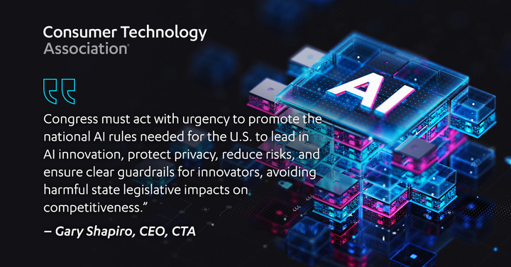 CTATech's tweet photo. CTA opposes Connecticut SB 2 and calls upon Congress to act with urgency to pass national artificial intelligence rules. Read full statement from CTA CEO @GaryShapiro: https://t.co/iHSnlk0cTD