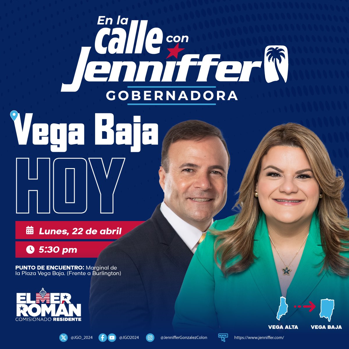 Hoy, nos vamos para los pueblos de Vega Alta y Vega Baja, comenzando desde las 4:00pm. Acompáñanos junto al próximo Comisionado Residente, <a href="/ElmerRomanPR/">Elmer Roman</a> , la alcaldesa de Vega Alta, <a href="/mmvega2016/">maria vega</a> , y próximos candidatos a la legislatura.

¡Te esperamos!
