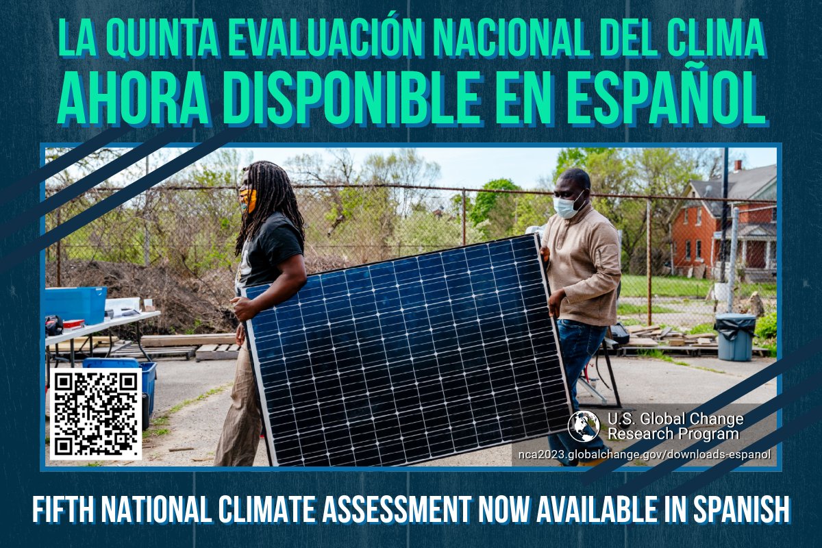 usgcrp's tweet photo. Today, we're announcing the availability of all chapters of the Fifth National Climate Assessment #NCA5 in Spanish. 

Este anuncio marca la primera vez que la NCA ha sido traducida al español en su totalidad.
https://t.co/d6Jd5ww732 https://t.co/6Qe5ZOadRf