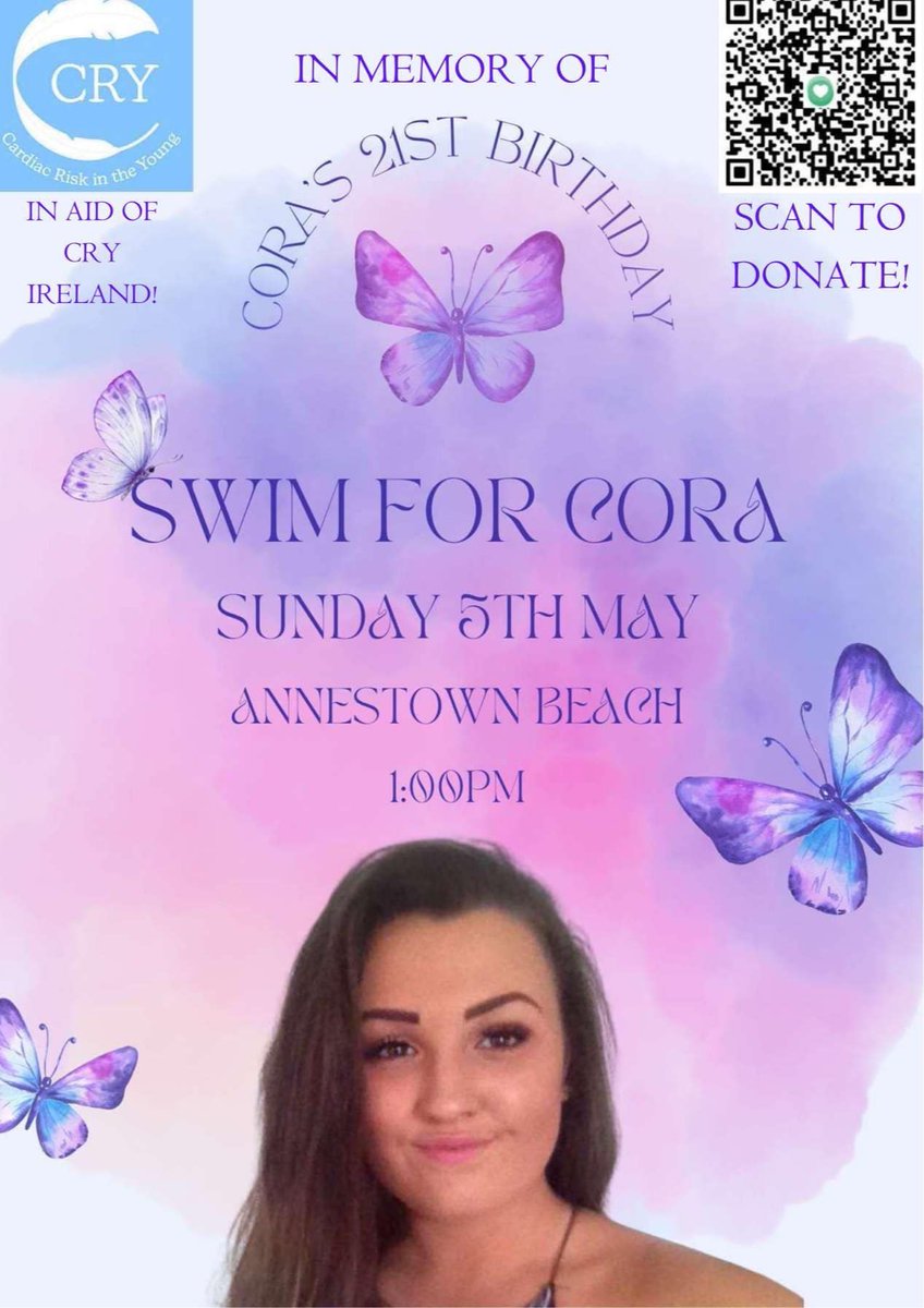 Sunday 5th May sees Cora Griffin's family remember Cora to mark her 21st Birthday with a 𝑺𝒘𝒊𝒎 𝒇𝒐𝒓 𝑪𝒐𝒓𝒂 on Annestown Beach, Waterford at 1pm. To support head to idonate.ie/fundraiser/Ell… @iDonate_ie RTs appreciated.