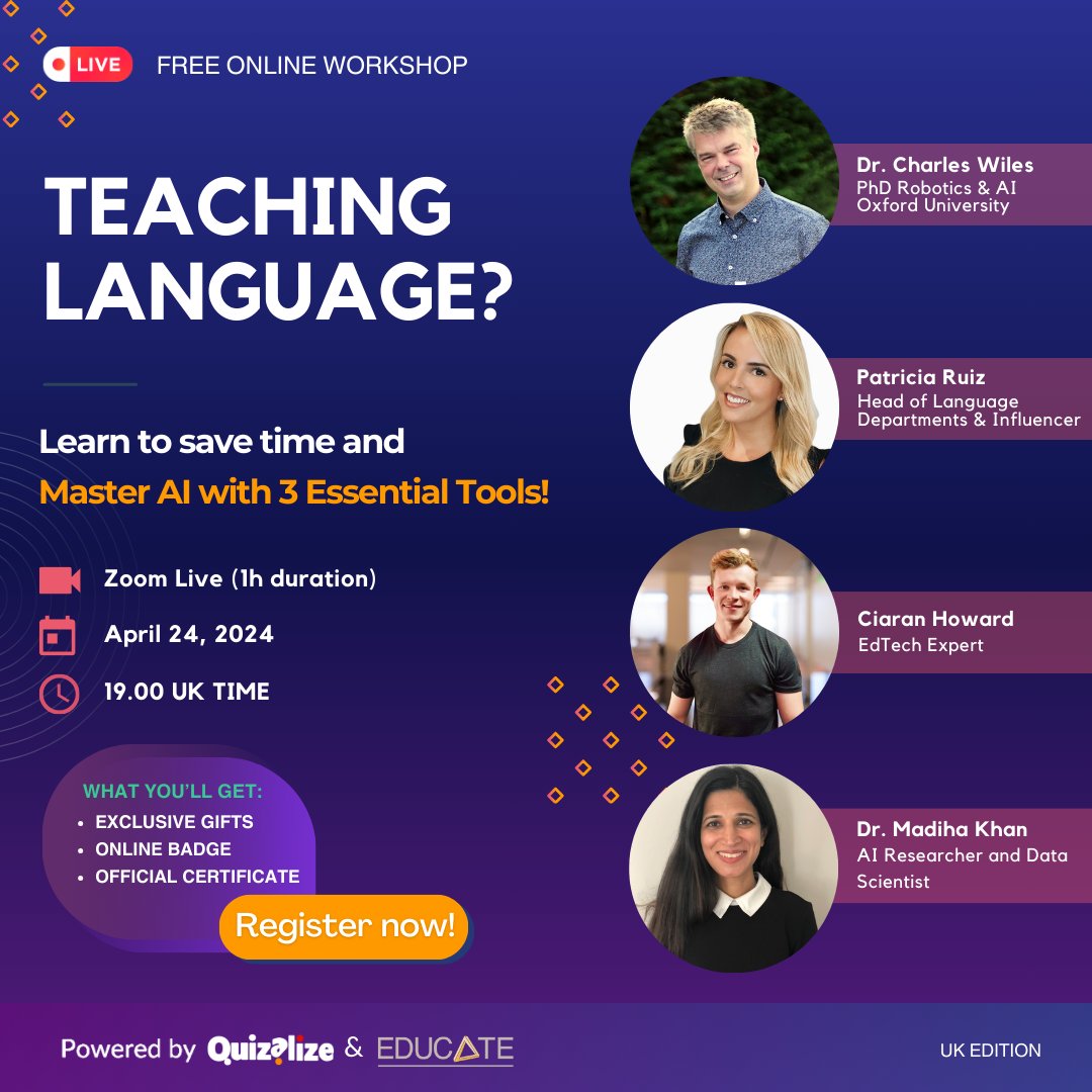 ⚡️LAST CALL! AI Workshop for Language Teachers in the UK and Europe! Register now - us02web.zoom.us/webinar/regist… . 🎓Get certified and receive exclusive gifts and an official online badge. . #workshops #ukteachers #SpecialAnnouncement #educate #quizalize #ai #Edtech #chatgpt…