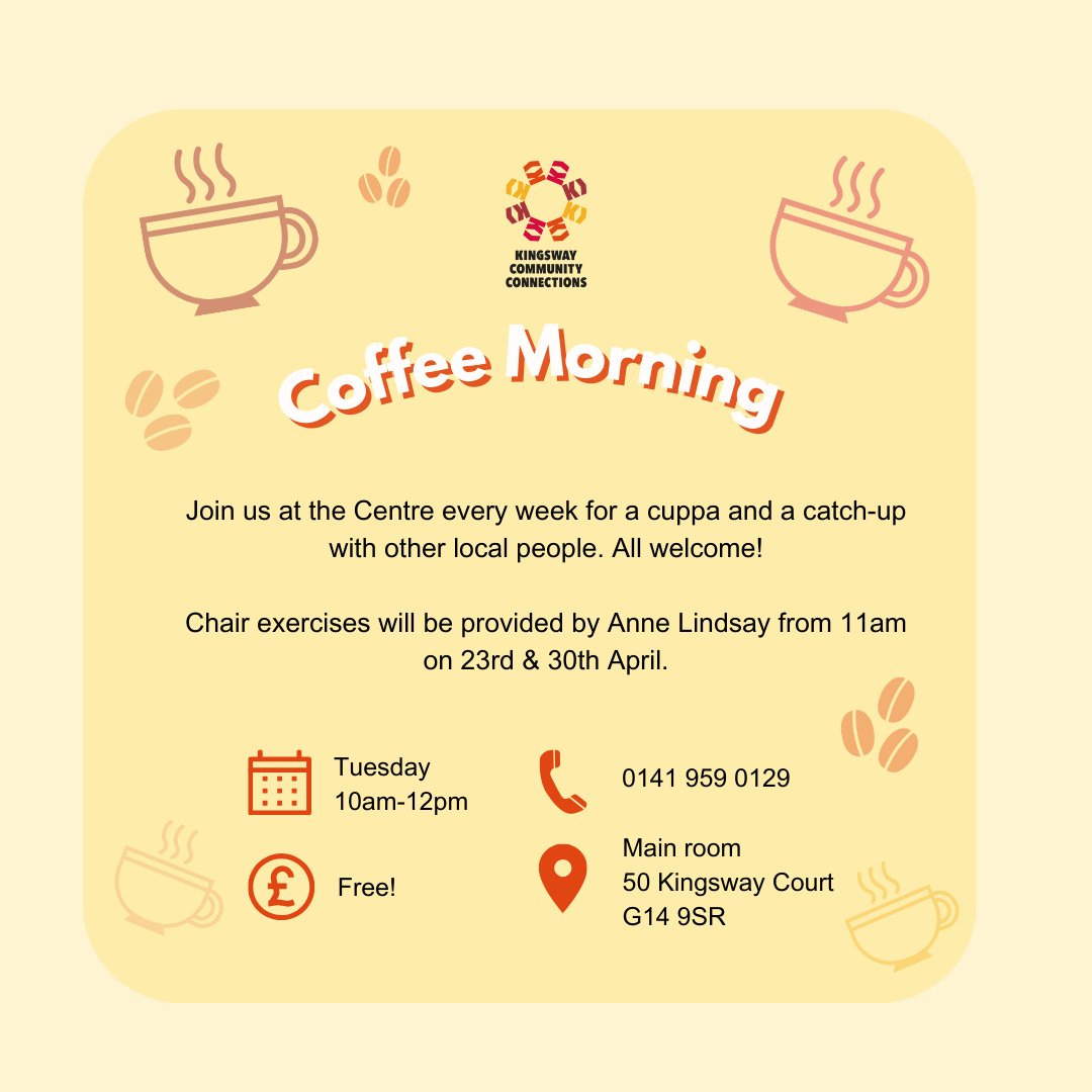 Join our weekly coffee morning on Tuesday at 10am! The next two weeks we will be joined by Anne who will provide some chair exercises to help members' keep active, come give it a go 🏋 #WhatsOnG13 #WhatsOnG14