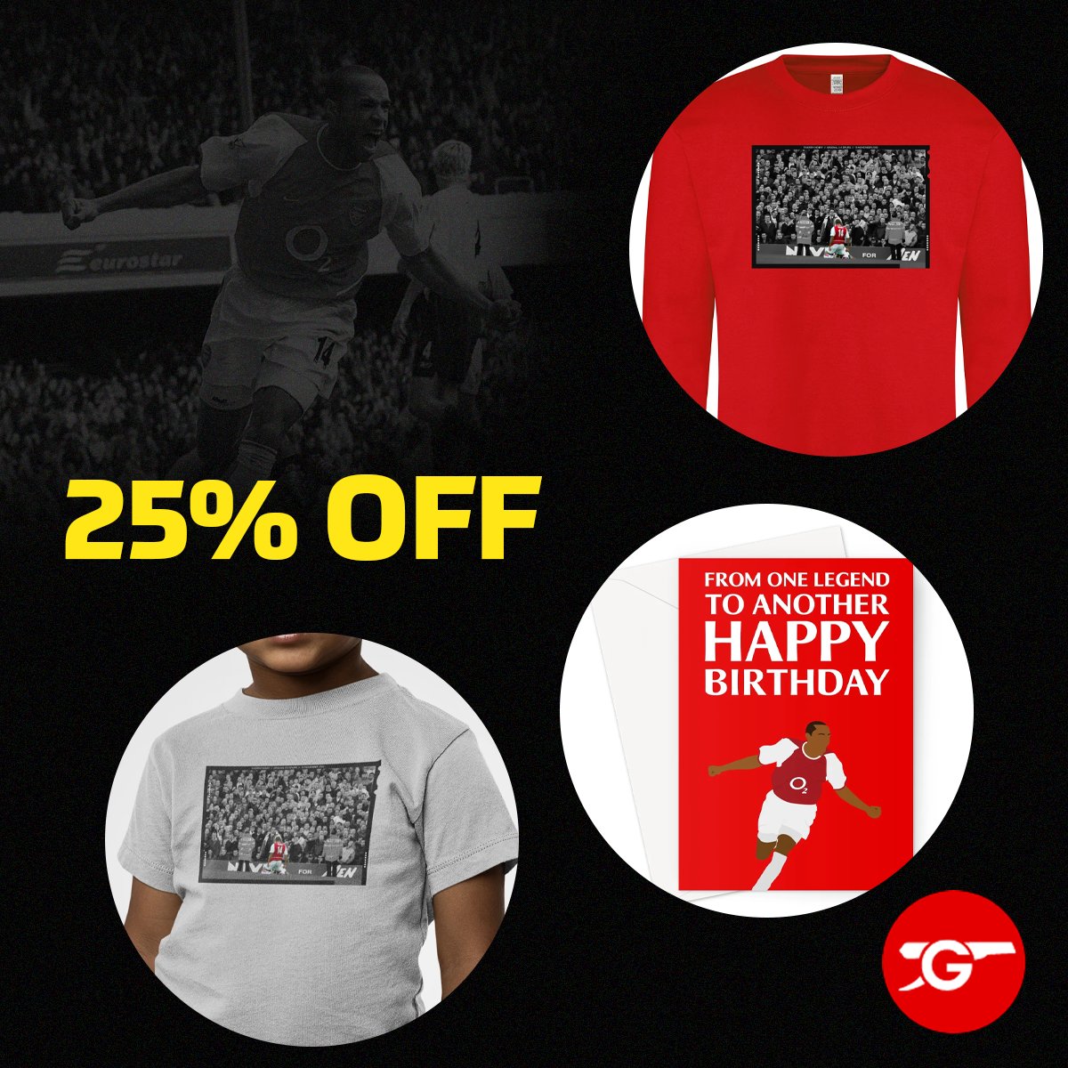 To mark the anniversary of the final North London derby at Highbury, we have an exclusive deal only available until midnight 👀 25% OFF ALL THIERRY HENRY MERCH 👑 Don't miss out! Shop here 👉 gunners.com/sale #AFC