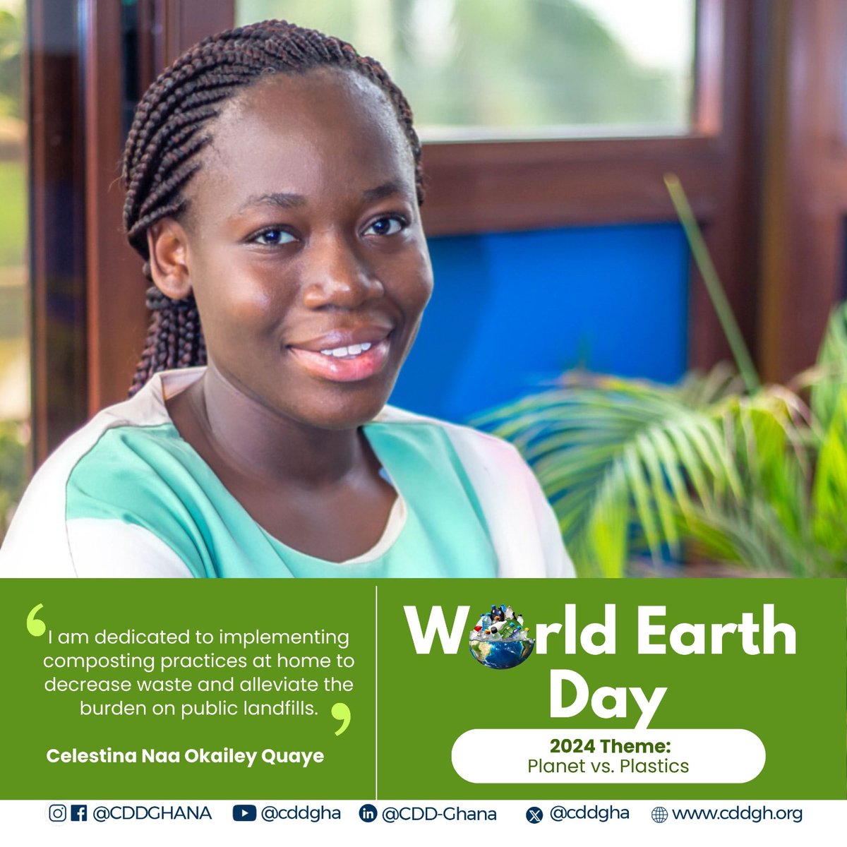 CDDGha's tweet photo. On this World Earth Day, the question weighs heavily on those of us dedicated to promoting good governance and democracy: how can we sustain our work without a safe earth and climate? 

Our commitment is unwavering as we strive to actively contribute to the collective endeavor of preserving our planet for the prosperity of future generations. 

Here are the pledges from some of our staff. 

#planetvsplastics2024 
#EarthDay2024