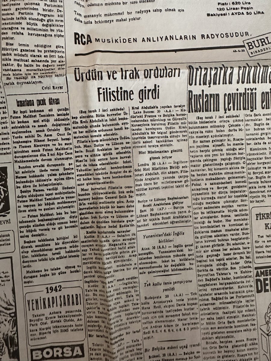 Evde Hürriyet’in 1. sayısı varmış. 1 Mayıs 1948’de de gündem Filistin.