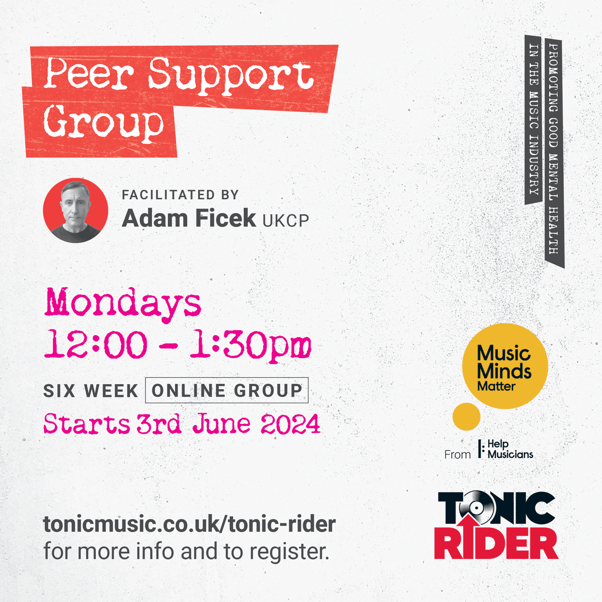 Open to ALL artists, crew & industry professionals working in music! FREE online Peer Support Group - with support from @helpmusicians facilitated by @adamficek To register > tonicmusic.co.uk/tonic-rider #TonicRider #MusicMindsMatter #MentalHealth #Wellbeing #Music