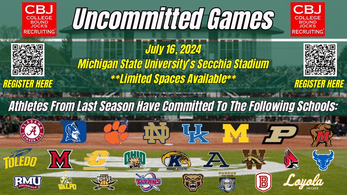 🚨🚨🚨BEST RECRUITING EVENT IN 2024🚨🚨🚨 There are still spaces available for the CBJ Uncommitted Games this summer at MSU’s Secchia Stadium. July 16, 2024 will be the BEST RECRUITING EVENT OF THE SUMMER. This event is for D1 prospects only. collegeboundjocks.com/cbj-2024-2025-…