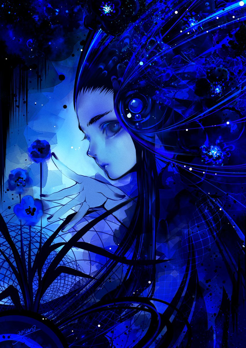 1girl solo long hair looking at viewer blue eyes black hair hair ornament  illustration images