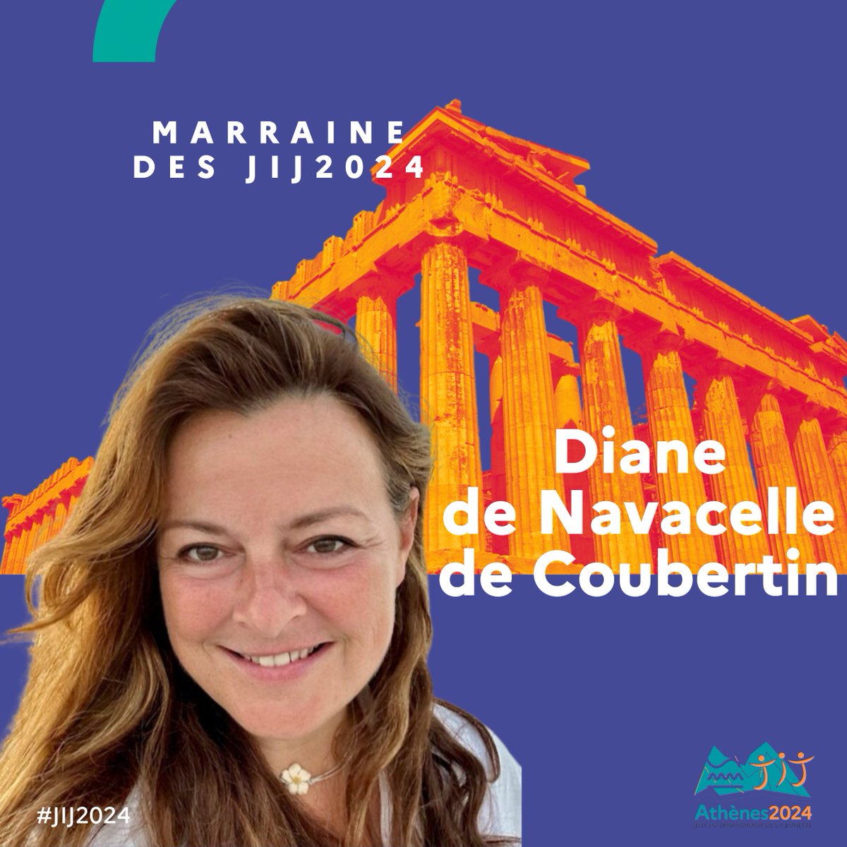 #JIJ2024 🥁Les marraines et les parrains des JIJ2024 🔥 Diane de Navacelle de Coubertin, descendante du baron Pierre de Coubertin, le créateur des JO modernes, nous fait une fois de plus l'honneur d'être notre marraine pour cette édition 2024 des JIJ à Athènes. Merci 🙏