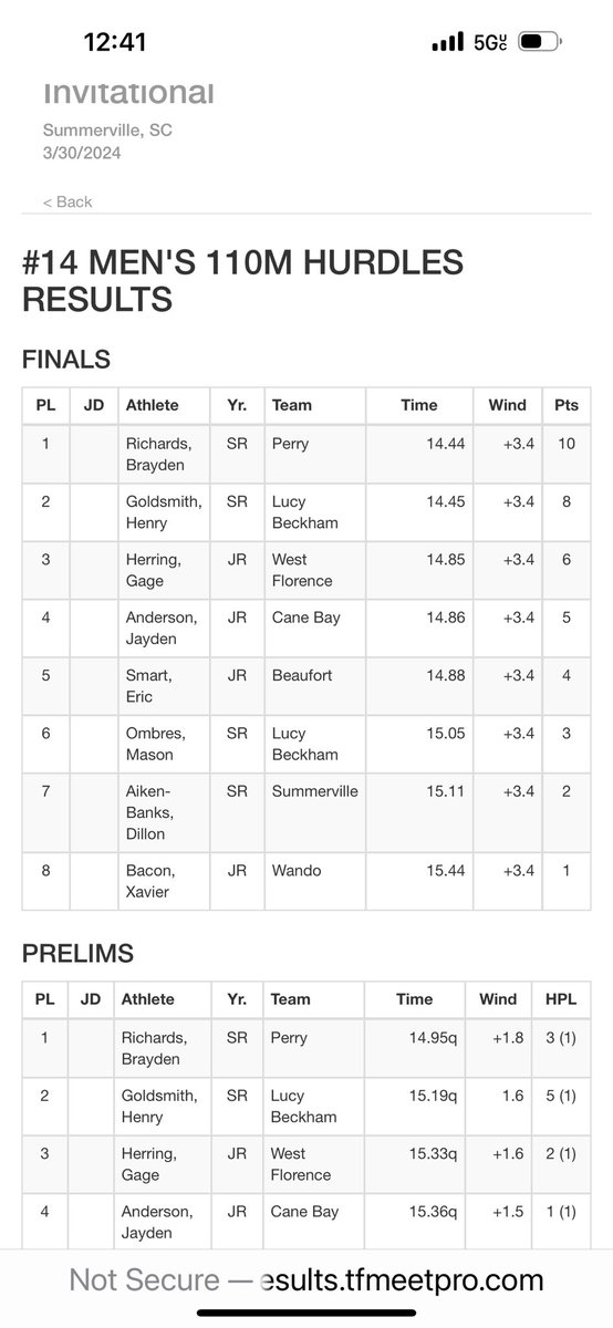 New 110m hurdle PR 14.85