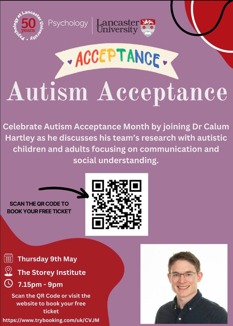 Our next psychology matters event is on Autism Acceptance! Celebrate Autism Acceptance Month by joining Dr Calum Hartley as he discusses his team's research with autistic children and adults focusing on communication and social understanding. 😀🙌