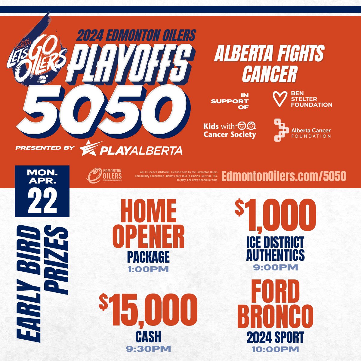 Who’s excited for Game 1 tonight?! Make sure to get your 50/50 tickets there are some awesome early bird prizes like a new Ford Bronco!! The jackpot is already close to $1M! Tickets can be purchased Alberta wide nhl.com/oilers/communi… @edmontonoilers @oil_foundation