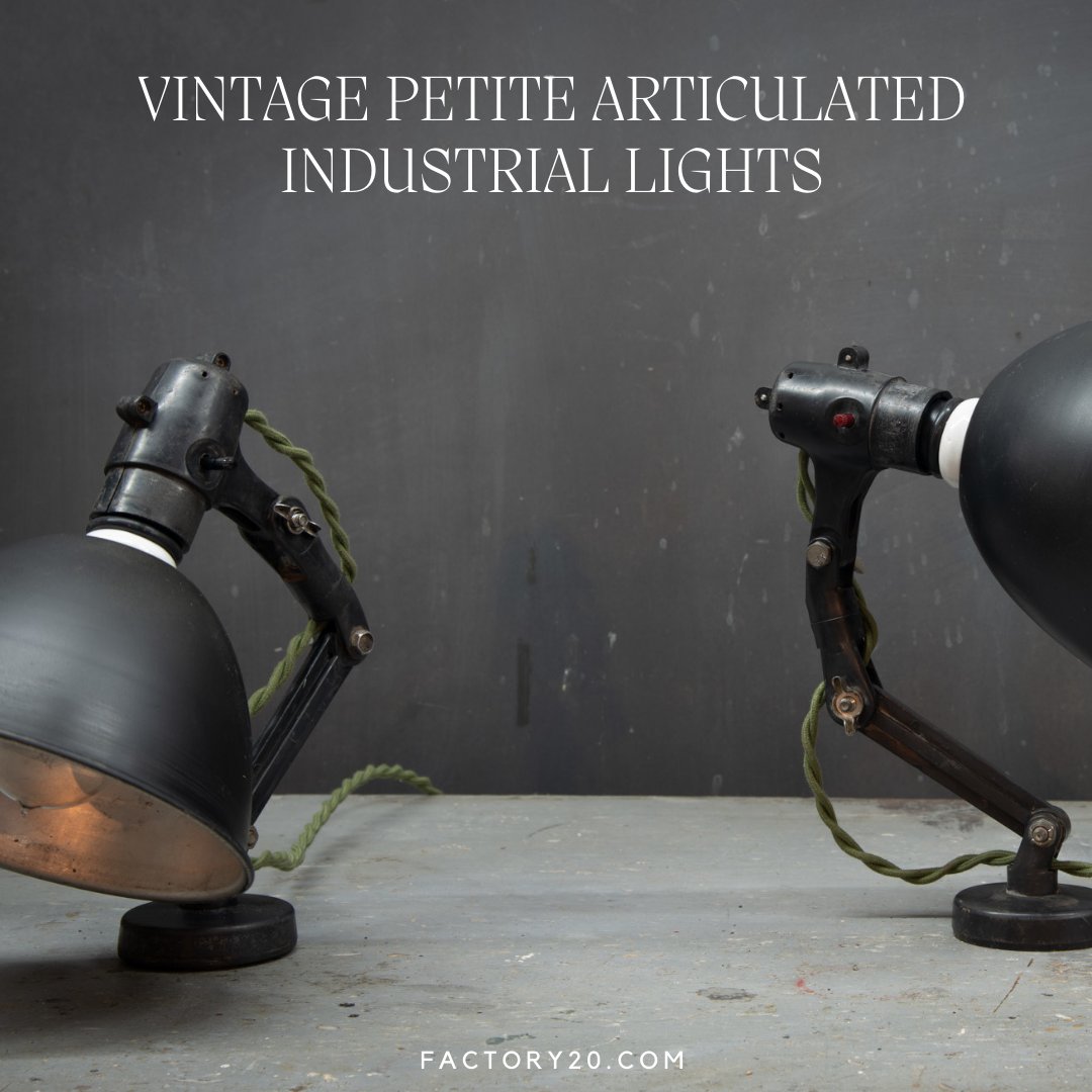 Vintage Petite Articulated Industrial Lights
Available @ factory20.com
#AntiqueFurniture #VintageLighting #DecorativeArts #Factory20 #InteriorInspiration #IndustrialStyle #ArchitecturalGems #EccentricDecor 
factory20.com/lighting/vinta…