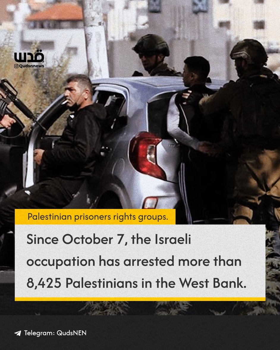 Since October 7th Israel has arrested more than 8,425 Palestinians in the occupied West Bank 🇵🇸 Including approximately 540 children, 280 women and 66 journalists. It’s not ‘defence’. It is oppression. It is fascism.