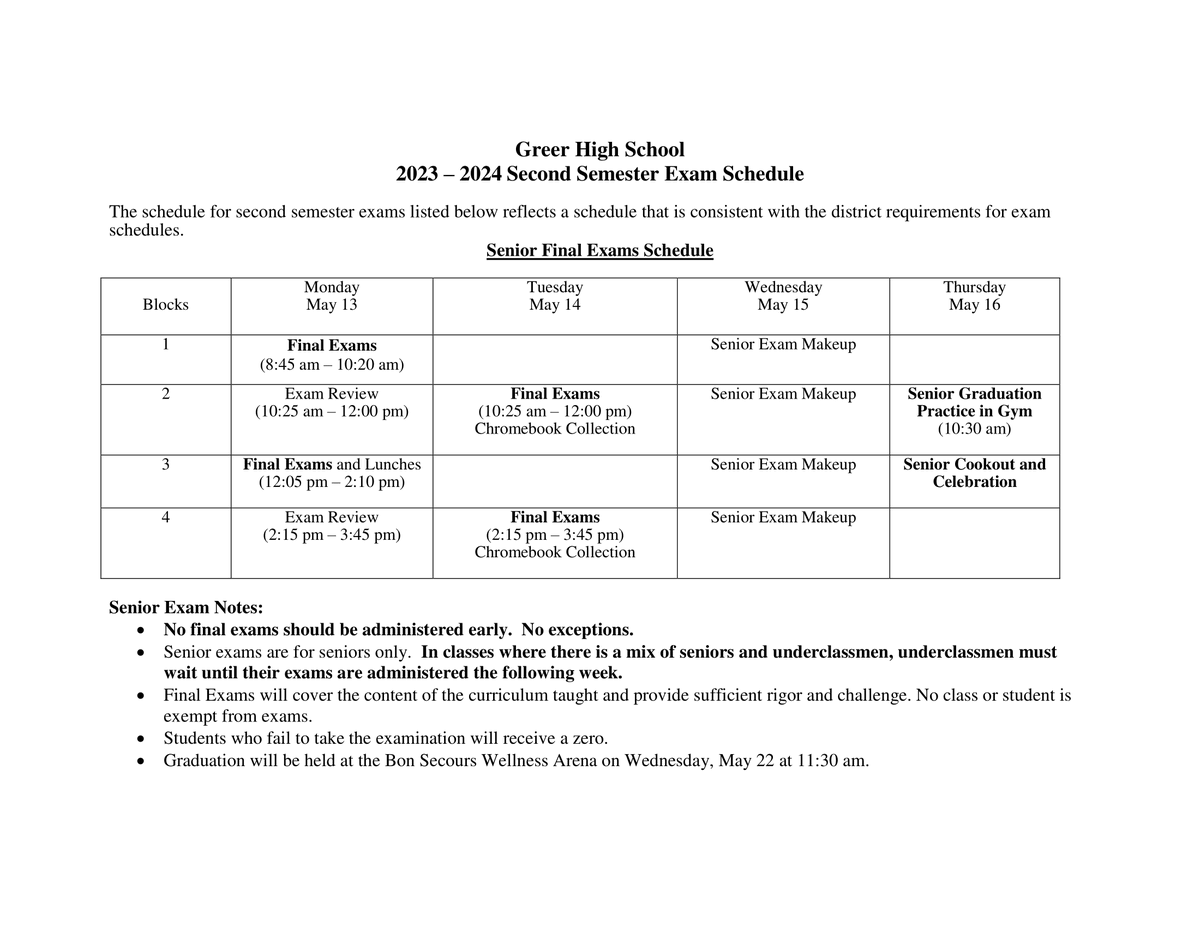 Greer_High's tweet photo. Please pay attention to the following GHS Senior and Underclassmen Final Exam Schedule.  A PDF version is available on the Greer High School website. https://t.co/ecOyf4L5Vu