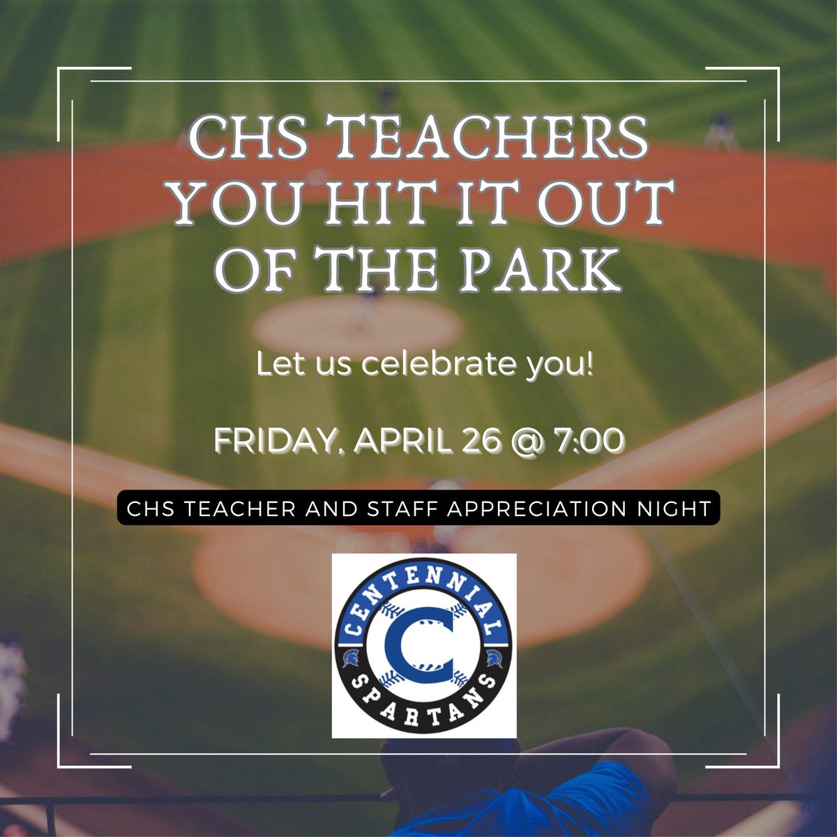 🔹𝓣𝓮𝓪𝓬𝓱𝓮𝓻 𝓐𝓹𝓹𝓻𝓮𝓬𝓲𝓪𝓽𝓲𝓸𝓷 𝓝𝓲𝓰𝓱𝓽🔹 Join us on Friday at 7:00 as we honor the dedication and hard work of our teachers and staff! #SpartanFamily @CHSSpartans