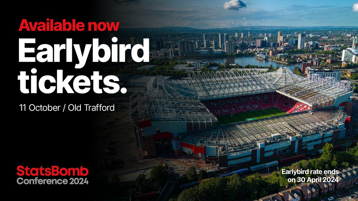 We have a discounted earlybird rate on 2024 #StatsBombConference tickets until 30th April ▪️ Friday 11th October, Old Trafford ▪️ Expert speakers ▪️ Networking opportunities ▪️ The latest research from the analytics industry Secure your place today 🔽 statsbomb.com/events/statsbo…