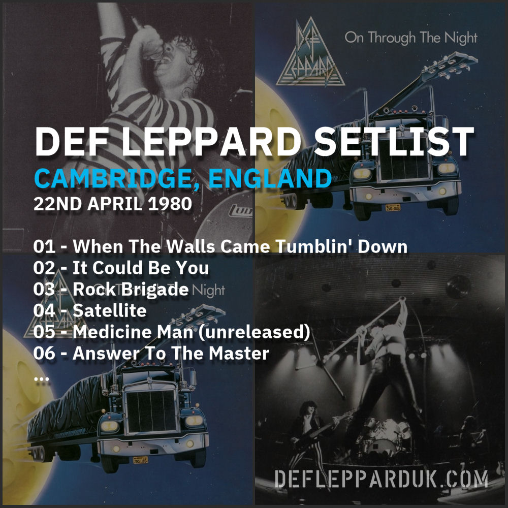 #DefLeppard #Setlist for a show in
#Cambridge ENGLAND 🇬🇧🏴󠁧󠁢󠁥󠁮󠁧󠁿 44 Years Ago on this day in 1980

01 - When The Walls Came Tumblin' Down
02 - It Could Be You
03 - Rock Brigade...

#PeteWillis #SteveClark #nwobm #joeelliott #ricksavage #rickallen
deflepparduk.com/1980cambridge.…
