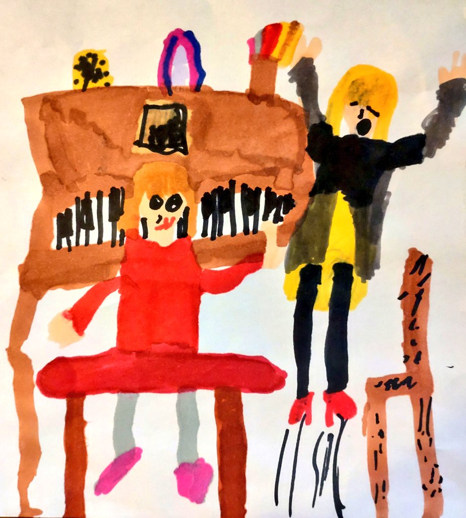 My pupil, H, showing me in art how much she loves her piano lessons! That's me in red and her bouncing. <a href="/HeronMusic/">Heron Music Tuition</a> 🥰🎵🌈