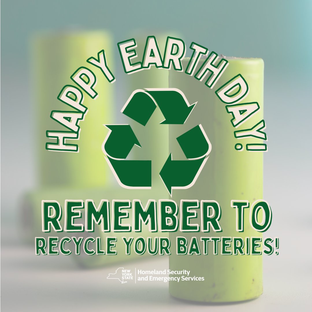 Happy #EarthDay! 🌏 When the time comes to replace your lithium-ion batteries, never throw the old ones in your household trash or recycling bins. ♻️ Learn more about @Call2Recycle's battery recycling program: call2recycle.org/newyork/ ♻️ Disposal tips: dhses.ny.gov/how-do-i-dispo…