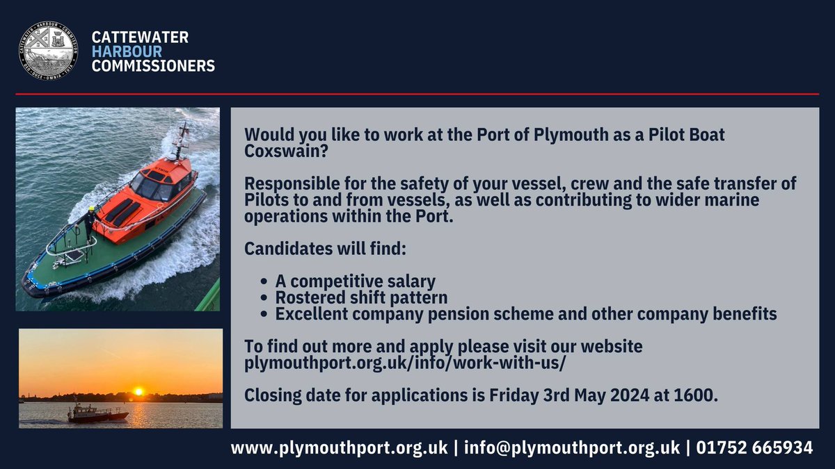 Work with us - we are currently recruiting for a Pilot Boat Coxswain. More information and details of how to apply via plymouthport.org.uk/info/work-with… Closing date Friday 3rd May 2024 at 1600.
