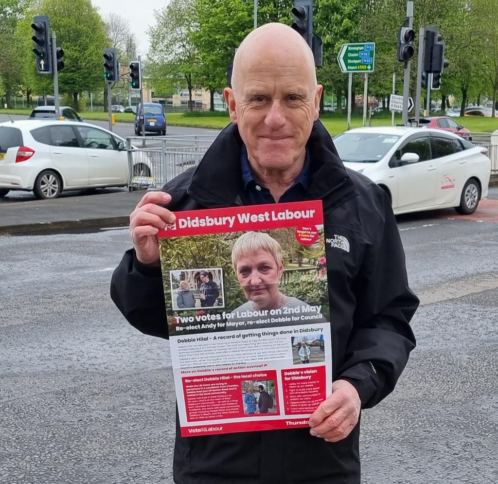 I'm on busy Princess Road #Didsbury delivering this message to voters from hardworking and conscientious @DebbieHilal She is up for re-election as the #Labour candidate in #Didsbury West on 2nd May. Her map of action on the leaflet over the last three years is impressive.